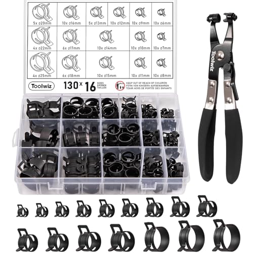 Toolwiz 130Pcs 6-25mm Spring Band Hose Clamp Assortment with Swivel Clamp Pliers, Constant Tension Radiator Hose Clamps, Black Hose Clips for Fuel Line, Silicone Vacuum Hose, Air Tube, Water Pipe - style: 130Pcs Spring Clamps with Plier