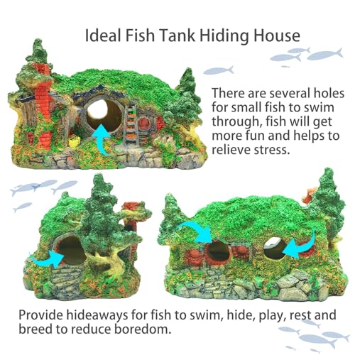 Tfwadmx Fish Tank Hobbit Decorations,Resin Small Fish Cave Hideout House,Aquarium Decor Hide Hole Shelter Castle Hut Ornaments Mini Garden Decorating Accessories - color: Green-6.9 X 4.7 X 3.9 Inches