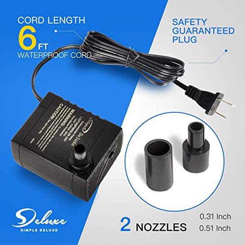 Simple Deluxe 80 GPH Submersible Pump with Adjustable Intake & 6' Waterproof Cord for Hydroponics, Aquaponics, Fountains, Ponds, Statuary, Aquariums & more, Black - size: 80GPH-Standard