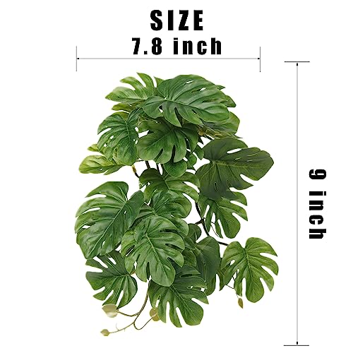 2Pack Reptile Fake Plants for Terrarium, Snake Tank Accessories, Habitat Decor Artificial Hanging Plants with Suction Cup - Fake Monstera