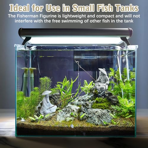 Tfwadmx 2 Pcs Sitting Fisherman Figurines, Aquarium Decorations Mini Fish Tank Ornaments Asian Zen Statue, Sandstone Vintage Aquascaping Decor for Betta Tank Accessories (Large) - size: Large