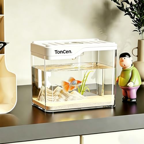 Mini Desktop Betta Aquarium, 1.7 Gallon Clear Fish Tank with Cover, Lightweight Portable Aquatic Tank, Small Breeding Habitat, Modern Decorative Ornament for Home Office Desk Use - color: White, size: Without a light