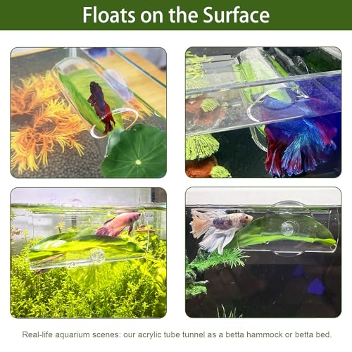 Acrylic Betta Hammock Tunnel, Betta Fish Tank Accessories & Aquarium Tunnel Decor, Fish Tank Hideout with Soft Faux Leaf Hammock, Beta Bed Resting Spot for Bettas (S Size — 3.14" × 1.57" OD) - size: S Size — 3.14" × 1.57" OD