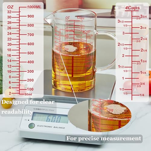 Ackers Mirror Graduated Glass Measuring Cup - [Insulated Handle | V-Shaped Spout] - High Borosilicate Glass Measuring Cup for Kitchen or Dining, Easy to Read, 1000ml (32oz, 4 Cup) - size: 32OZ Mirror Graduated