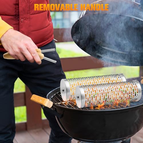 Rolling Grill Baskets,2 Pcs Nesting Grilling Net with Removable Wooden Handle,BBQ Accessories Tools for Vegetables Shrimp,Outdoor Camping Barbecue Rack,Gifts for Men Dad (Rectangle) - size: Rectangle