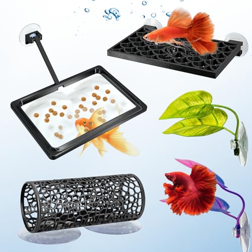 Betta Hammock & Fish Enclosure Accessories Set- Frond Hammock, Swim Tunnel, Feeding Station, Black Square Betta Platform - Breeding, Resting, and Play Area for Betta Fish