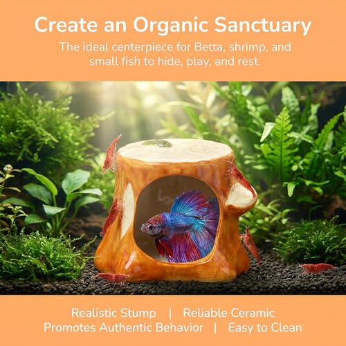 Aquarium Decor Ceramic Tree Stump Aquarium Hideout Cave, Betta Fish Tank Decor Ornament, Hiding & Breeding House for Small Fish, Shrimp, Cichlid, Goldfish & Reptiles