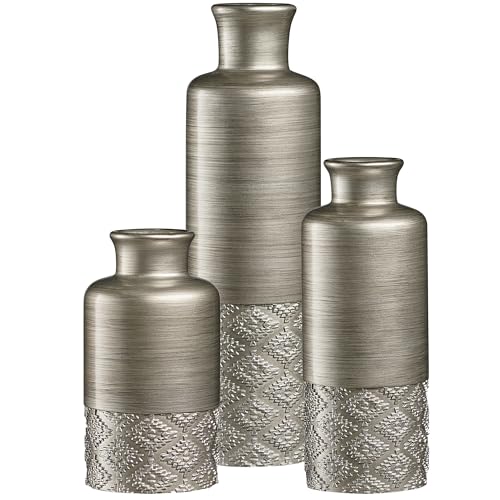 Creative Scents Dublin Silver Vases - Set of 3 Vases for Flowers, Decorative Vases, Farmhouse Decor, Premium Décor, Centerpiece Table Decorations for Your Kitchen, Bedroom, Office, Living Room - color: Silver