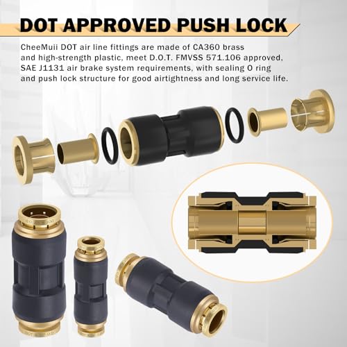 CheeMuii 30 PCS DOT Air Line Fittings 1/4" 3/8" 1/2" DOT Push Lock Air Fittings Brass and Plastic Straight Unions Quick Connect Air Hose Fittings Repair Kit - color: Black, size: 32 PCS