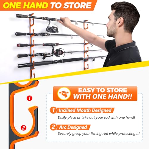 PLUSINNO H5 Horizontal Fishing Rod/Pole Holders for Garage, Wall Ceiling Mounted Fishing Rod Holder, Aviation Aluminum Fishing rod rack Holds up to 5/10/20 Rod or Combos Fishing Gear and Gifts for Men - color: Orange Aluminum-h5 4pack New(store 20 Fishing