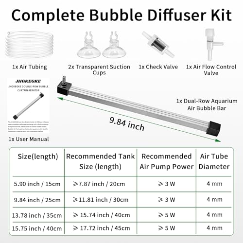 Aquarium Air Bubble Bar, 9.84 Inch Double Row Fine Mist Air Bubble Curtain Wall, Self-Sinking Fish Tank Air Diffuser Set, Enhanced Oxygen Bubble Strip for Freshwater Saltwater Hydroponics - size: 9.8 Inch