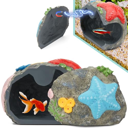 Upgraded Magnetic Detachable Aquarium Hideaway Coral Rock Cave to Check Your Aquatic Pets to Breed, Play and Rest Safe and Non-Toxic Resin Fish Tank Viewing Hideout Ornaments