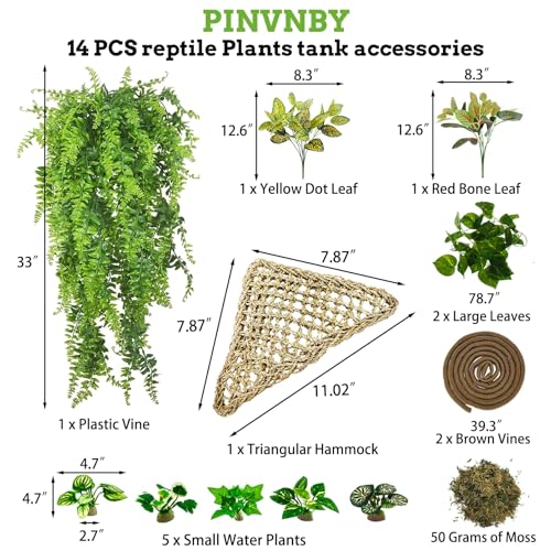 PINVNBY 14 PCS Reptile Plants Sets, Bearded Dragon Hammock, Terrarium Hanging Plant Vines Artificial Leaves, Reptile Habitat Climbing Decorations for Chameleons, Lizards, Geckos, Snakes - color: 14 PCS