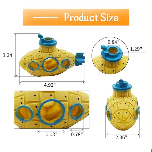 Saim Little Cute Retro Submarine Aquarium Decoration,Cave Landscaping Ornament for Shrimp Shelter Betta Cichlid Goldfish Hermit Crabs Fish Tanks Fish Toy - Yellow