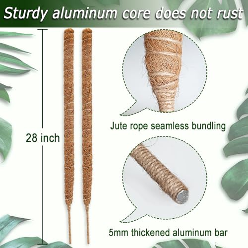 Soupiar 2-Pack 28" Bendable Moss Pole for Monstera, Rust-Free Aluminum Core Plant Support Stakes, Sturdy Stakes to Train & Grow Indoor Climbing Plants Upright (13.2ft Jute Rope Included) - color: 2 × 28 Inch