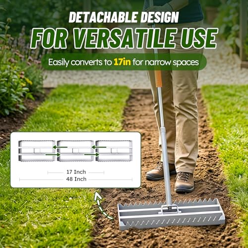 Lawn Leveling Rake, 2-in-1 Double-Sided Landscape Leveler with 20 Marking Flags for Low Spot, 48"×10” Heavy Duty Stainless Steel Flat & Serrated Side for Soil Sand Gravel, Yard Garden Golf Course - style: 48"×10”