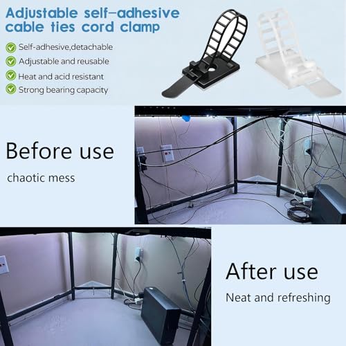 Adjustable Adhesive Cable Management Clips 50Pcs, Large self Adhesive Cable Ties Clips ，Suitable for Cable Management Under desks and on Walls(Black) - color: Black