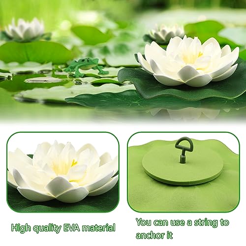 10pcs Artificial Floating Foam Lotus Flowers with Artificial Frog Lotus Leaves, Lily Pads for Lake, Pond Plants Ornaments for Pool Aquarium Water Decoration, White