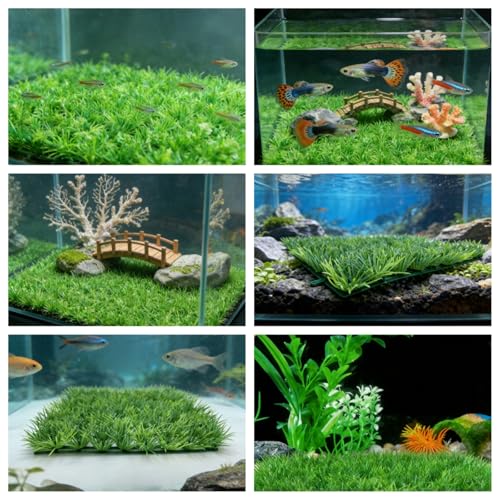 Aquarium Decor Artificial Plastic Lawn Grass,4PCS 9 inches Fish Tank Decorations, Easy Install Green Plants for Aquariums and Hermit Crab Climbing Habitats with 16 Suction Cups