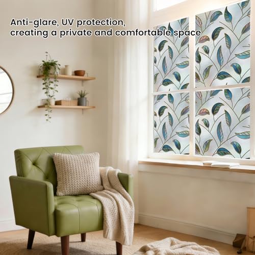 DKTIE Static Cling Decorative Window Film Vinyl Non Adhesive Privacy Film with Installation Kit, Multilayer UV Inkjet Technology, Thickened Stained Film, Vintage Leaf Pattern (S166, 17.7'' x 78.7'') - color: S166, size: 17.7'' x 78.7''