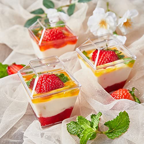 50 Pack 3.5 oz Mini Dessert Cups with Lids and Spoons - Parfait Cups with Lids Plastic Square Shooter Cups for Party Appetizers Pudding Mousse Triffle