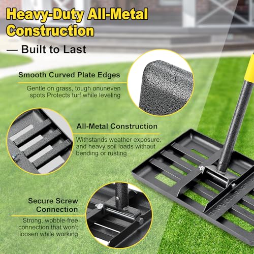 Lawn Leveling Rake: Anti Flipping 17" x 10" Stainless Steel Lawn Ground Leveler for Soil, Heavy Duty Grass Top Soil Dressing Leveling Rake, Home Lawn,Golf Field,Yard Landscaping Tool, 60” Long Handle