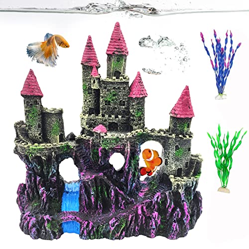 PINVNBY Aquarium Resin Castle Decoration,Fish Tank Driftwood Castle Cave Hideouts House Plants Supplies Accessories(Pink) - color: Pink