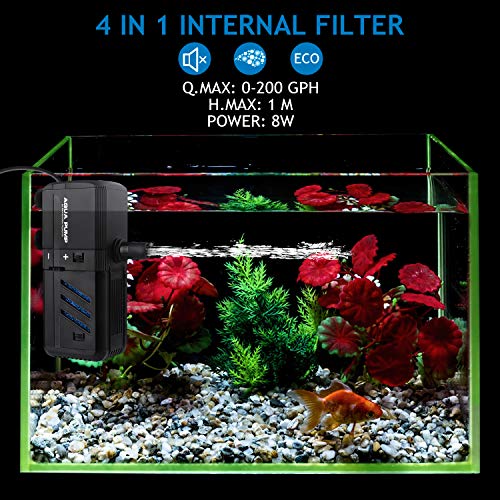 Submersible Aquarium Internal Filter 6W, Adjustable Fish Tank Filter with 132 GPH Water Pump for 1-10 Gallon Fish Tank - size: 132GPH, 6W