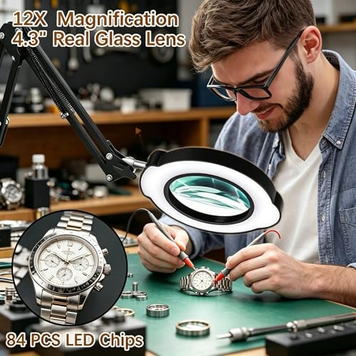 12X Magnifying Glass with Light and Clamp, 84 LEDs Real Glass Lens Magnifying Lamp for Close Work, Repair, Reading, Craft（Top Button） - color: Black 2