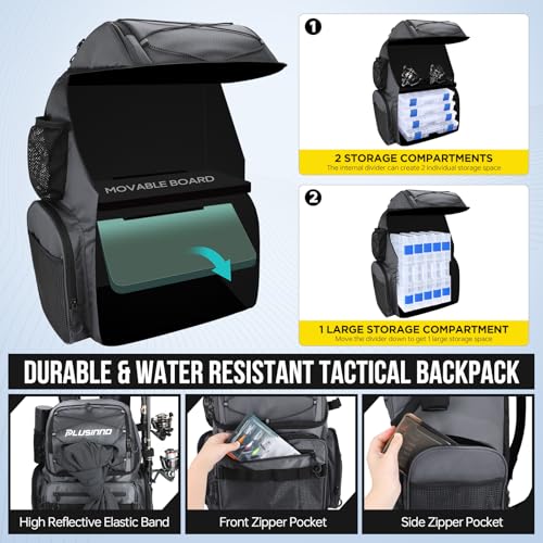 PLUSINNO Cooler Fishing Backpack with Rod Holders 45L Large Water-resistant Fishing Tackle bag Store Fishing Gear Fishing Gifts for Men Father - color: Grey Jacquard