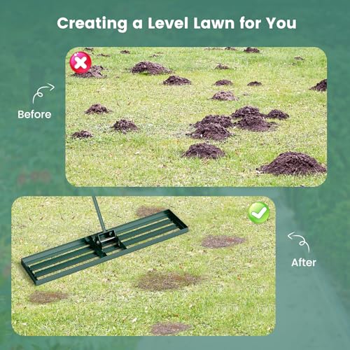 Goplus Lawn Leveling Rake, 46" x 10" Heavy Duty Level Lawn Tool w/ Ergonomic Handle for Soil, Effort-Saving Landscape Rake for Garden, Backyard, Golf Course, Farm, Pasture - style: 46" x 10", Green