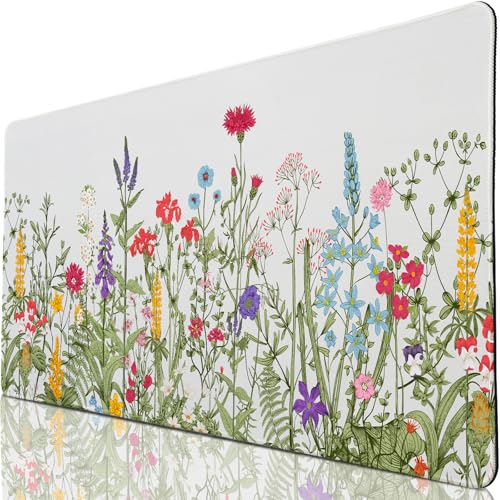 Desk Pad Botanical Floral, Desk Mat for Desktop, Sage Green Spring Flowers XXL Large Gaming Mouse Pad Non-Slip Rubber Base Stitched Edges Keyboard Mouse Mat for PC/Laptop/Computer/Work/Office - color: Colored Flowers, size: 31.5" x 15.7"
