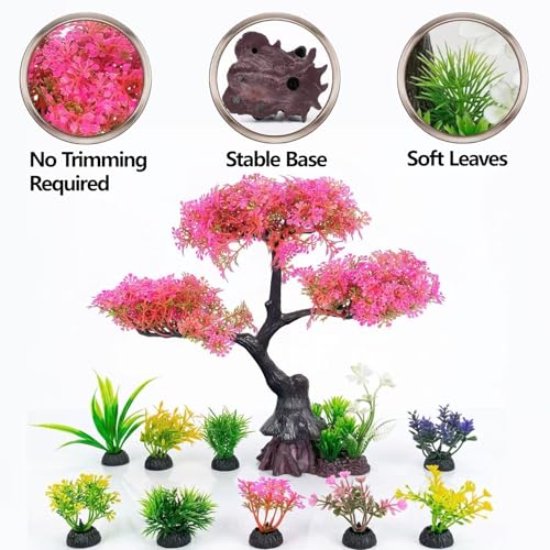 Pink-Cherry-Blossom-Tree-Aquarium-Decor: 10Pcs Artificial Plastic Plants Fish Tank Decorations Grass Set for Betta Goldfish Hides Accessories Gallon Fish Bowl Ornaments