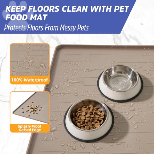 Large Dog Mats for Food and Water, 40"x30" Waterproof Pet Food Mats for Floor Nonslip Silicone Bowl Mats with Raised Edges - color: Light Brown, size: 40"L x 30"W