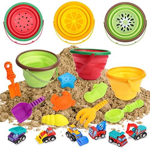 Beach Sand Toys Set for Kids, Silicone Collapsible Foldable Beach Bucket Travel Beach Toys for Summer Outdoor Camping and Fishing Tub with Sand Molds Shovels Rakes for Toddlers Boys Girls 2.5L 3PCS - style: Style1