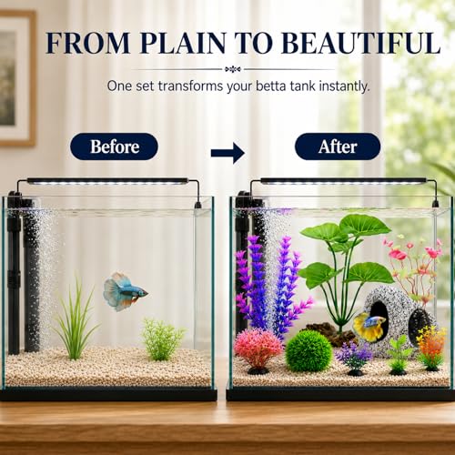 9 Pack Fish Tank Decorations for Betta Goldfish Bowl Decor | Aquarium Decor Kit, Betta Fish Tank Accessories, Hideout Cave, Moss Ball, Colorful Aquarium Plants for Resting, Hiding &Play