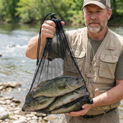 32" Collapsible Fishing Keep Net with Ground Spike, Portable Mesh Bag for Caught Fish, Heavy Duty Basket & Bait Holder, Red de Pesca for Kayak or Ice Fishing Livewell, Small Lobster Catching Net