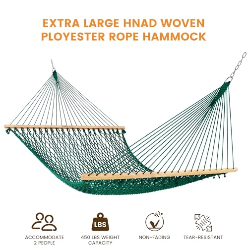 Lazy Daze Hammocks 13-FT Polyester Rope Hammock, Double 2 Person Traditional Hand Woven Outdoor Hammock with Spreader Bar, Carabiners, Tree Straps, Chains for Outside Patio- Max 450 Lbs, Green - color: Green