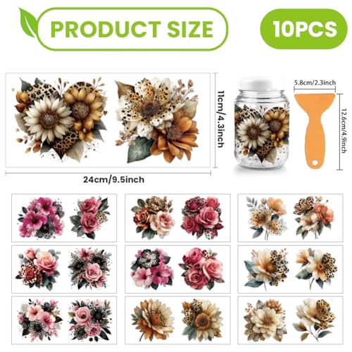 arricraft 10 Sheets Leopard Print Flowers UV DTF Cup Wrap for 16OZ Glass, Rose Sunflower Rub on Decals PVC Transfer Stickers for DIY Cups Wood Funiture 24x11cm/9.4x4.3inch - style: Leopard Print Flowers Theme
