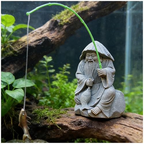 livelyfish Aquarium Fisherman Statue Japanese Old Man Figurine Sandstone Sitting Fishing Figurines for Fish Tank Garden Home Decor (E2) - color: E2