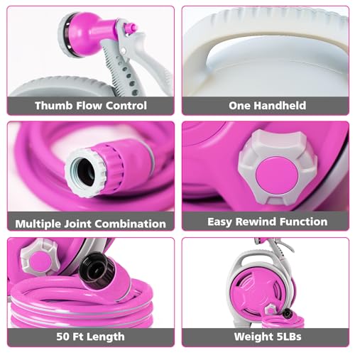 50FT Retractable Garden Hose Reel, Lightweight & Portable Hose Reel with 6 Patterns Spray Nozzle, Suitable for US Standard Hose Connection - color: Light Pink