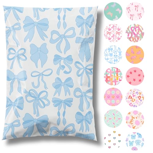 Pretty Package Store 6x9 Designer Poly Mailer 100 Pack Heavy Duty Waterproof Self Seal Shipping Bags for Small Business Large Mailing Envelopes Bulk Tear Resistant Packaging Blue Bows - color: Blue Bows, size: 6x9