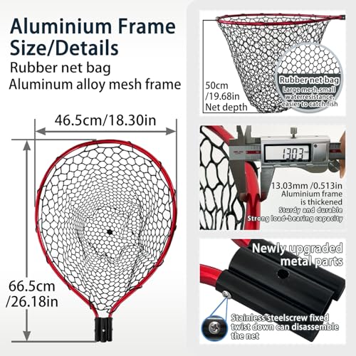 All Metal Telescoping Rubber Fishing Net with Handle Length: 59" Depth:19.7" Hoop: 26"x18" Large Silicone Fish Landing Net Pier/Kayak/Fishpond/Saltwater/Salmon Extendable Fishing Gear - color: Red
