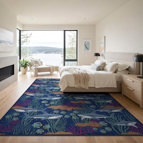 9'x12' Washable Modern Fish Oversized Rug, Orange Non-Shedding Pet Friendly Carpet for Master Suite, California King, Under Bed, Foldable Easy Care Mat | Ref:2068689 - color: Blue/Pattern 26, size: 9' x 12' (Rectangular)