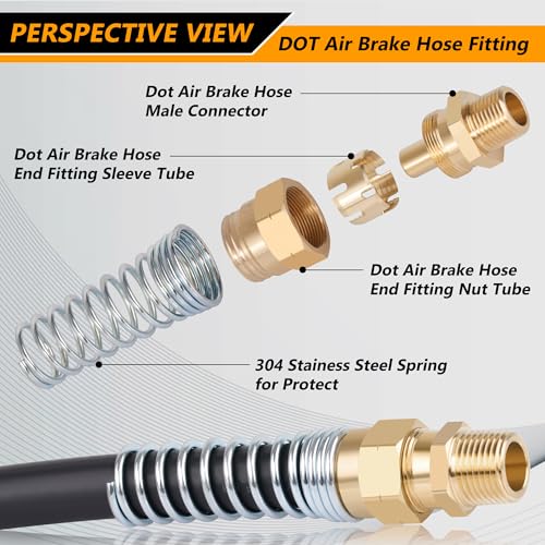 Air Brake Fittings, Dazakoot Brass DOT 3/8” Hose x 3/8” Male Air Hose End Connector with Spring Guard, Air Brake Hose Fittings Repair Kit, 8 Pack Air Brake Hose Fittings & 8 Pack 3/8” Sleeve Tubes - size: 3/8" Hose X 3/8" Male, style: 16PCS KIT
