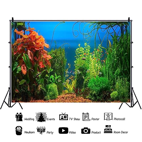 AOFOTO 5x3ft Aquarium Backdrop Decoration Blue Ocean Fish Deep Water Plants Seabed Scene Underwater Scene Background for Photography Kids Adults Birthday Party Events Photo Studio Props Vinyl - size: 5x3ft