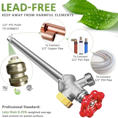 12inch Anti-Siphon Frost Free Sillcock, No Lead Brass Frost Proof Outdoor Faucet Bib with Backflow Preventer, 1/2" Push-to-Fit Connector X 3/4 Inch Hose Bibb Frost Free Spigot - style: 12 in Anti-Siphon Frost Free Sillcock