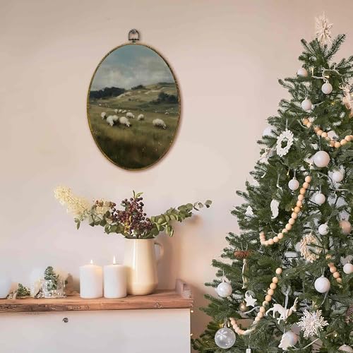 XFCICRLJ Vintage Farmhouse Sheep Wall Art Decor, Rustic Countryside Oval Canvas Prints Framed, Cottagecore Landscape Farm Animals Wall Art Decorations for Home Bedroom Living Room Decor, 11x8.5 Inch - color: Sheep 05
