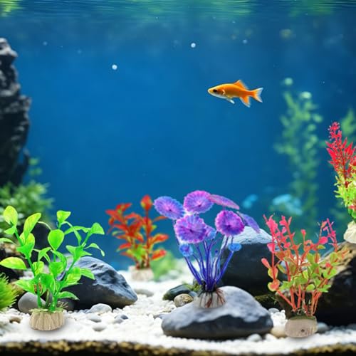 10Pcs Aquarium Artificial Plastic Plants, Colorful Fake Fish Tank Decorations with Ceramic Base, Realistic Aquarium Plants Suitable for Aquarium Landscape and Fish Hideout (Multi-Color) - color: Multi-color
