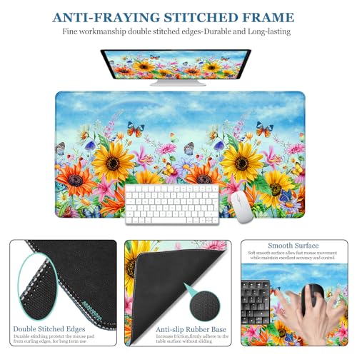 Desk Pad Sunflowers, Big Mouse Pad Flower Butterfly Women Girls Desk Mat Extended Large Gaming Mouse Pad Non-Slip Base Stitched Edge Work Home Office Desks Computer Keyboard Laptop Decor Mouse Mat - color: Blue Sky Sunflowers Butterfly, size: 31.5" x 15.7